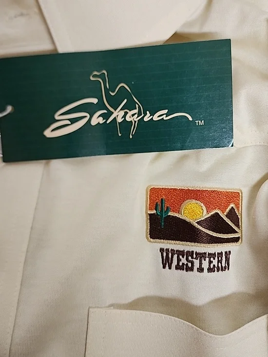 Sahara Cream Short-Sleeve Western Embroidered Polo Shirt w/pockets Sz M - Picture 7 of 10